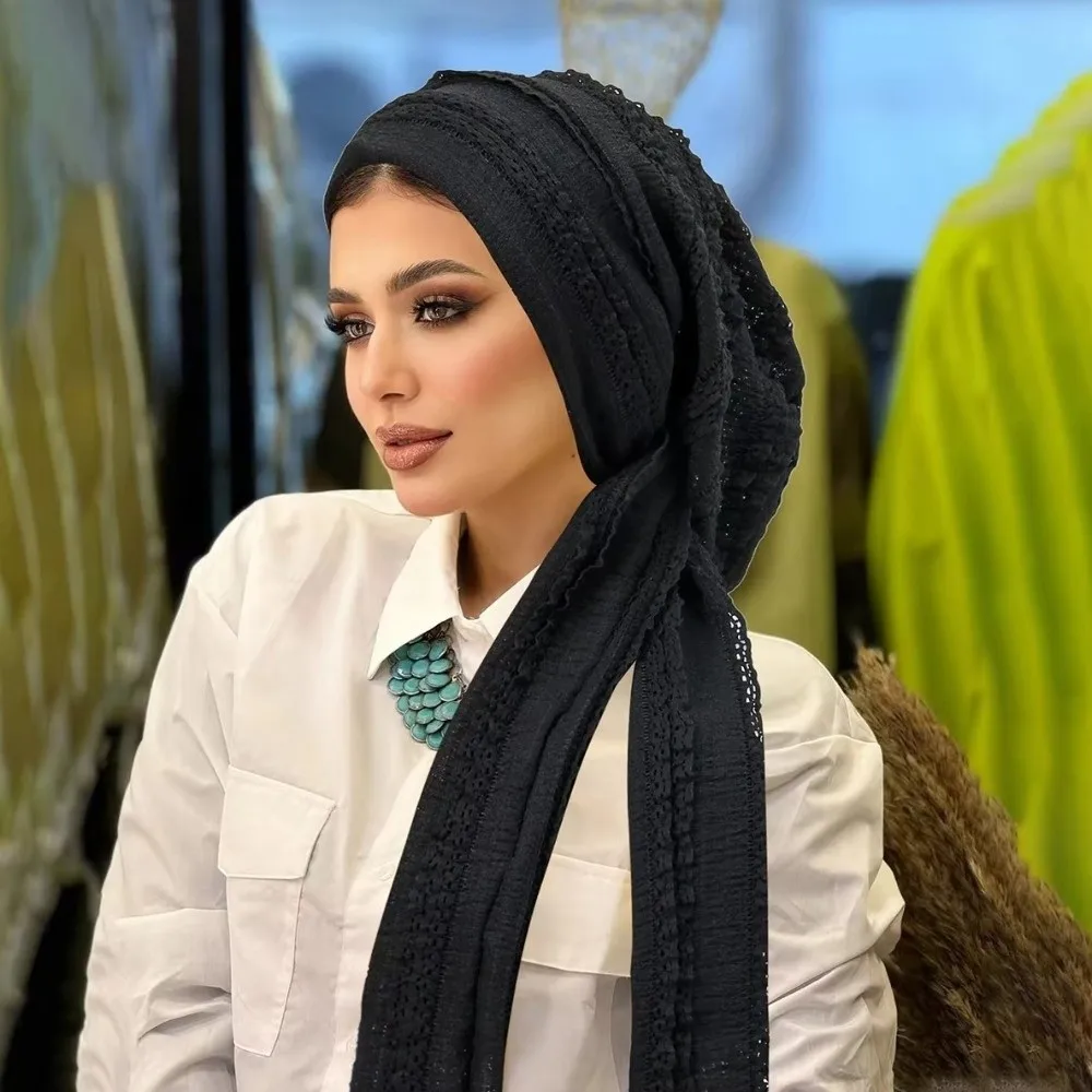 Adjustable Women Turban Hats Polyester Soft Stretch Solid Color Crinkle Hijabs Long Tail Tie Pleated Wrinkle Headscarf Modest