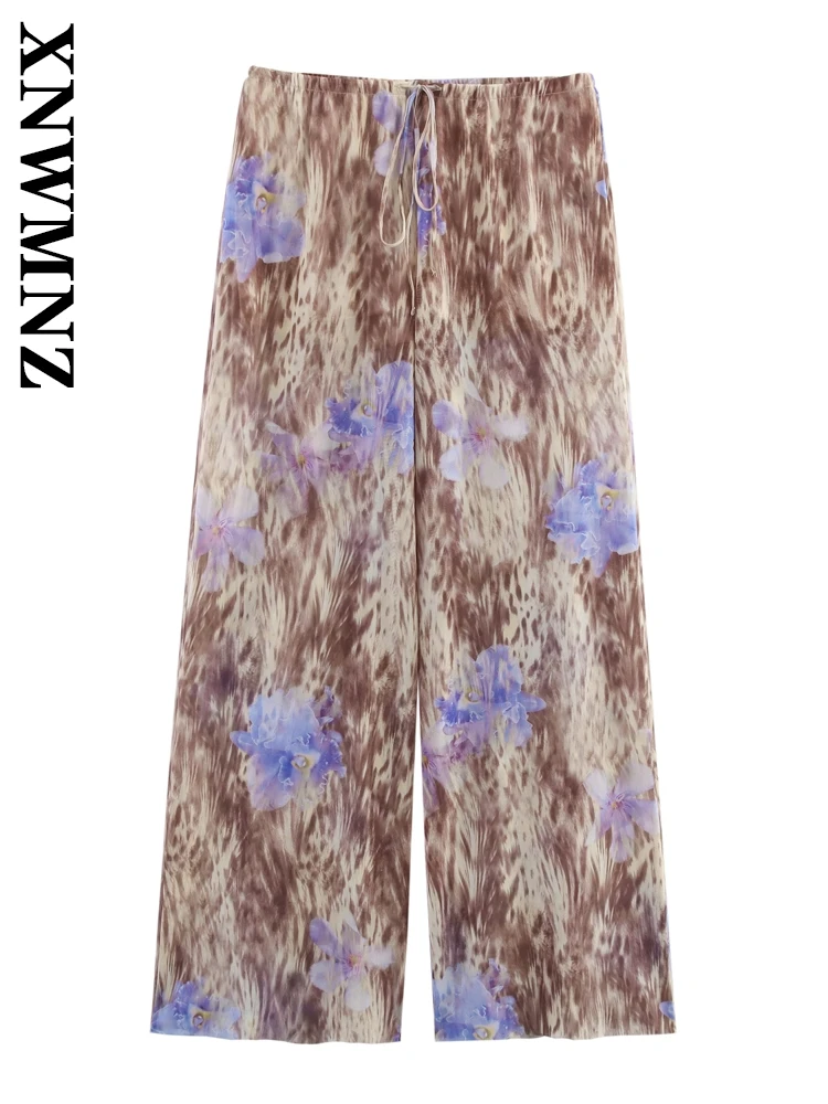 

XNWMNZ 2025 Spring New Woman Fashion drawstring Tulle High Waist Long Pants Vintage Summer Female Bottoms Ruffles Pockets Print