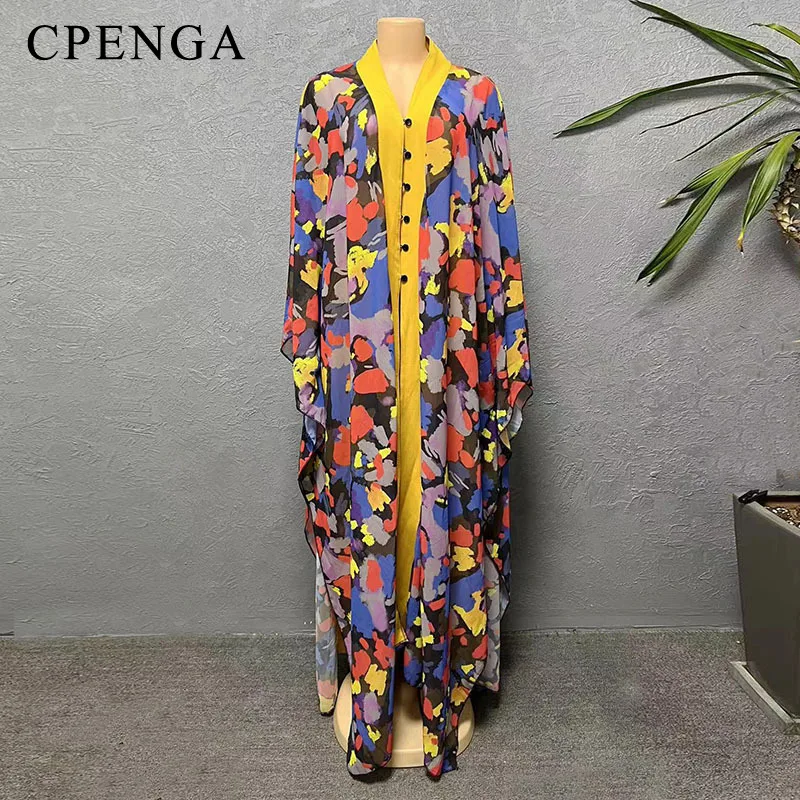 African Print Dress for Women Chiffon Printed Loose Bat Sleeve Robe Large Loose Cover Robe and Pants Set 2023 New Africa Clothes