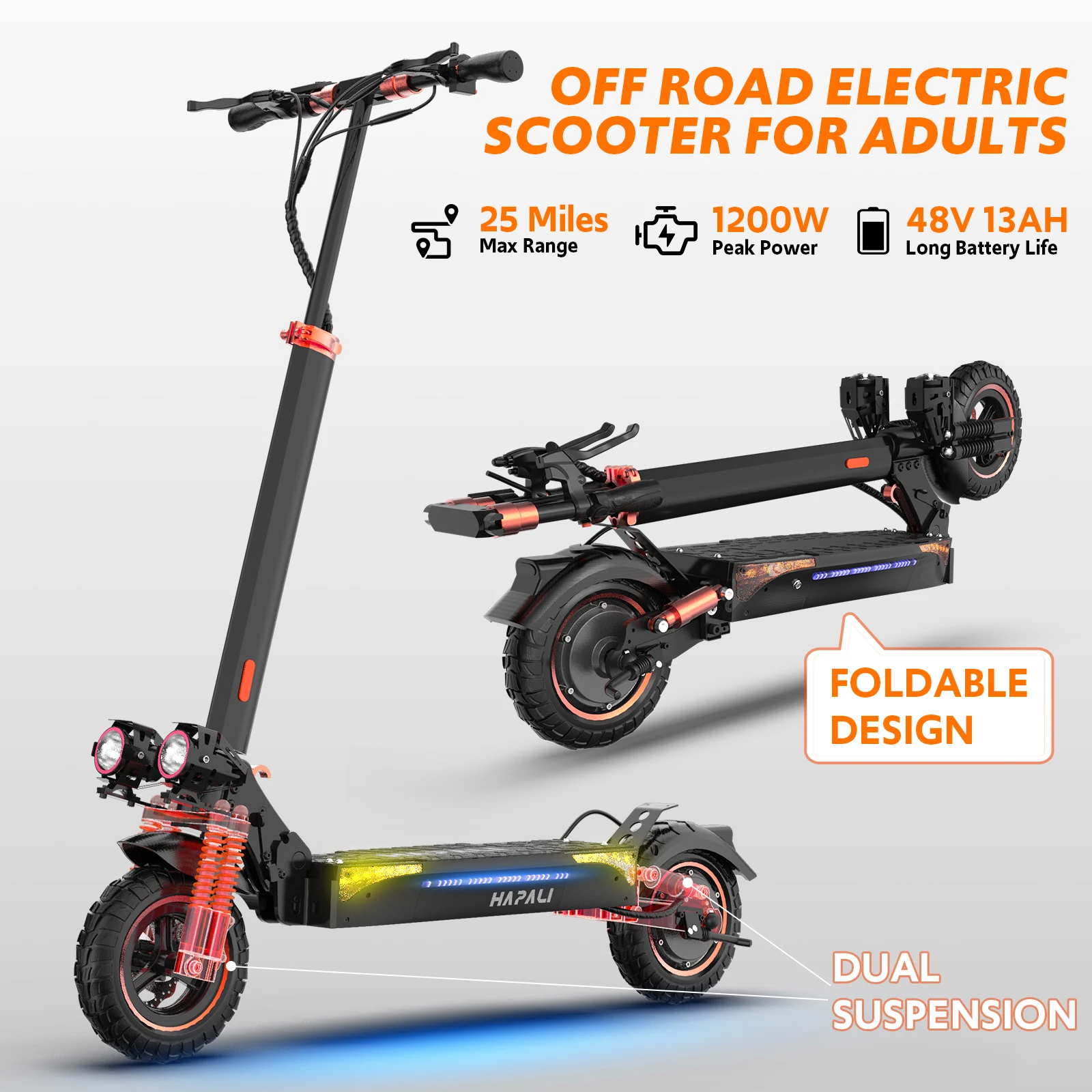 Electric Scooter Adults, 1200W Motor, E-Scooters Up to 25 Miles Range,11" Off-Road/All Terrain Tire Scooter with Dual Suspension &Side Light