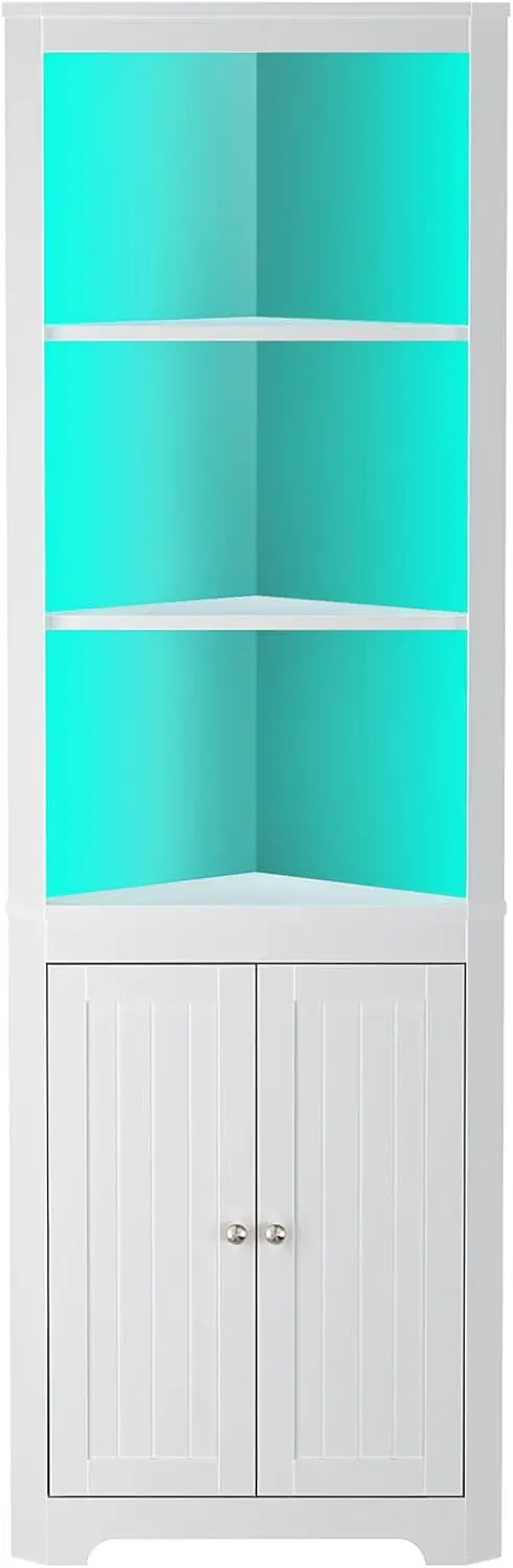 Rolanstar Corner Shelf w/ LED Light, White Corner Cabinet, 5-Tier Storage Cabinet w/ Doors, Tall Corner Bookshelf Corner Stand