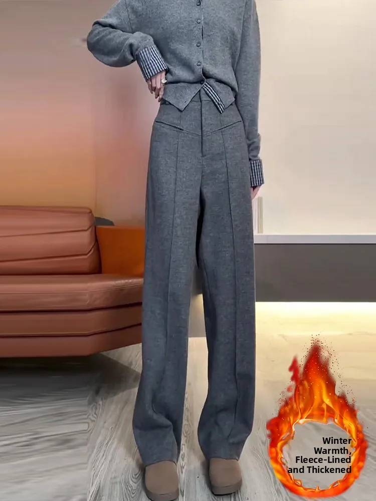 

Deep ey Wide Leg Pants Women's Winter New Sle Slimming Woolen Suit Pants Fce Lined High Waist Straight Cut Casual Trou...