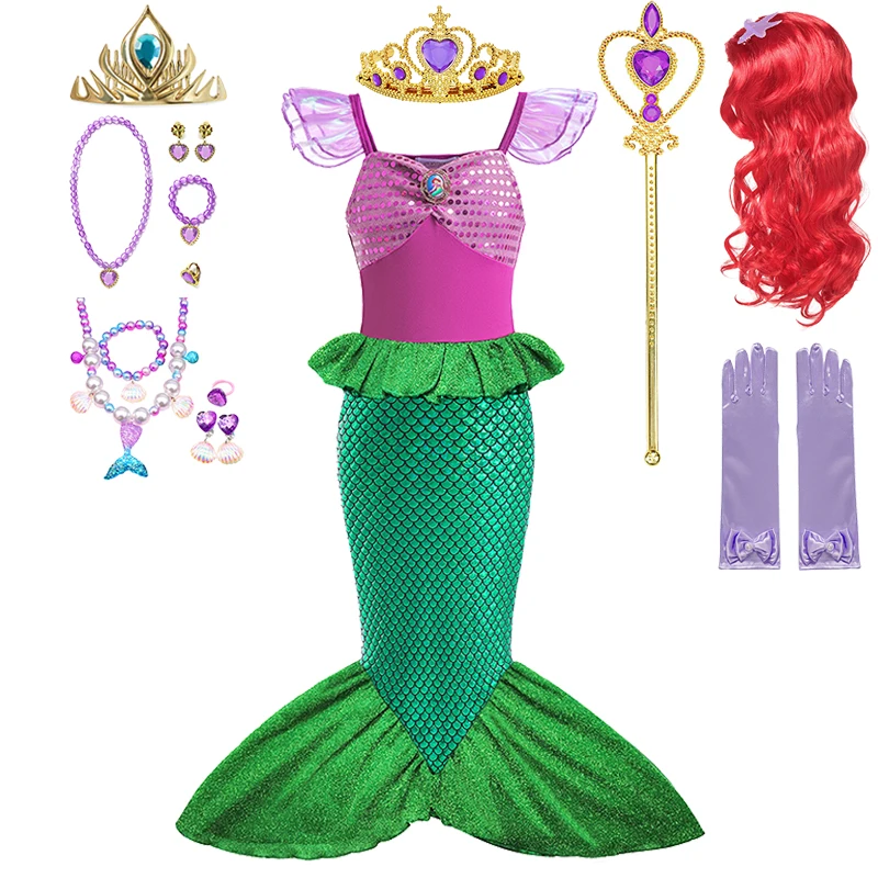 Halloween Girls Disney Little Mermaid Princess Dress Children Mermaid Ariel Cosplay Costume Carnival Birthday Party Clothings