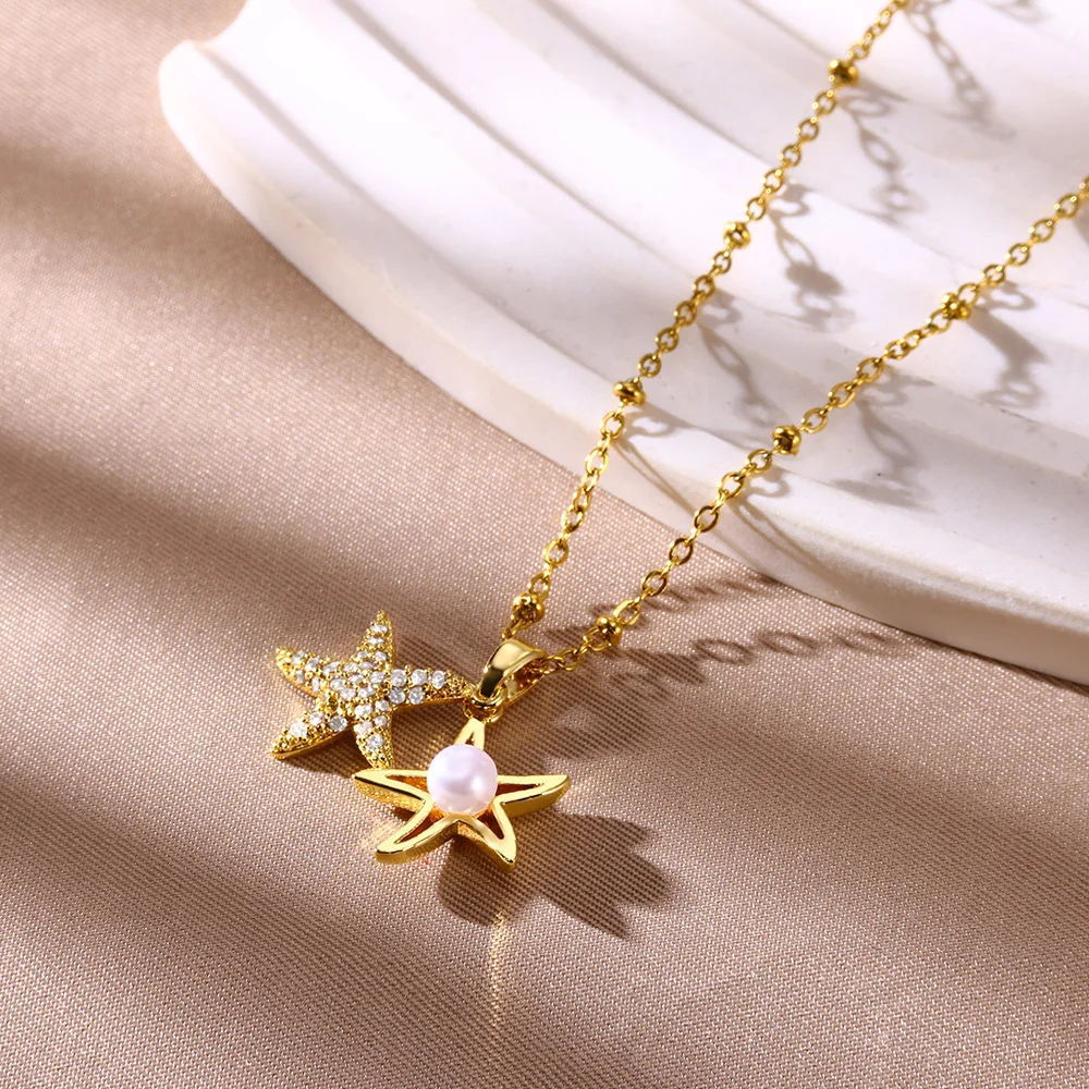 Cubic Zirconia Starfish Pendant Necklace for Women Double Charm with Pearl Necklaces Female Statement Stainless Steel Jewelry