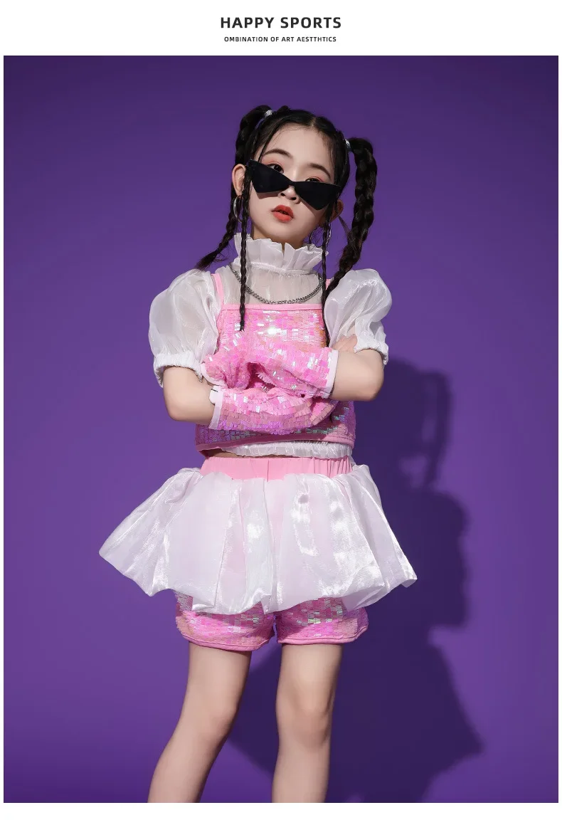 Pailletten-Jazz-Tanzset für Mädchen, Hip-Hop-Bühnenoutfit, Laufsteg-Show-Kostüm mit Glitzer für Kinder und Teenager, Tanzwettbewerbskleidung – Detail 10