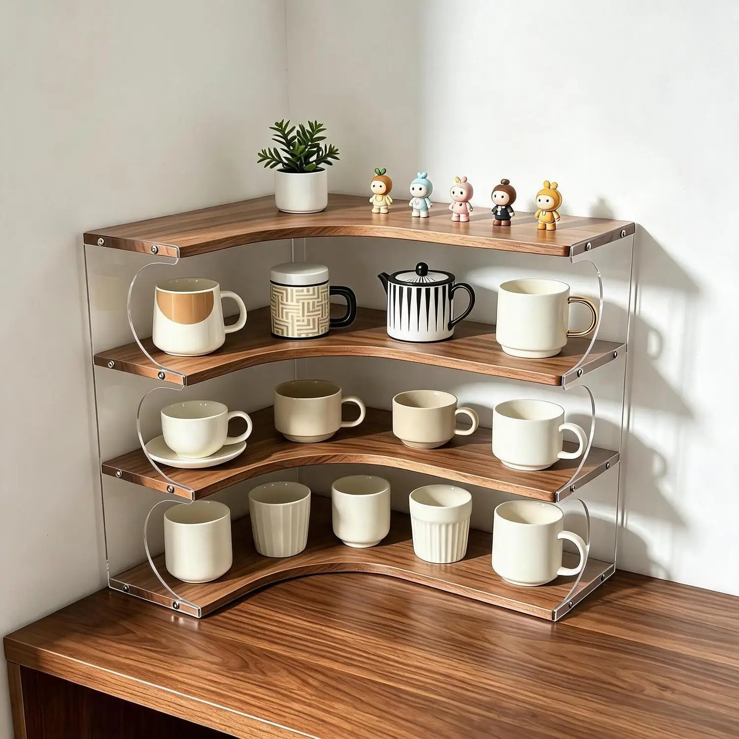 4 Tier Walnut Wood Acrylic Corner Storage Rack Desktop Cup Holder Kitchen Countertop Display Shelf Home Organizer