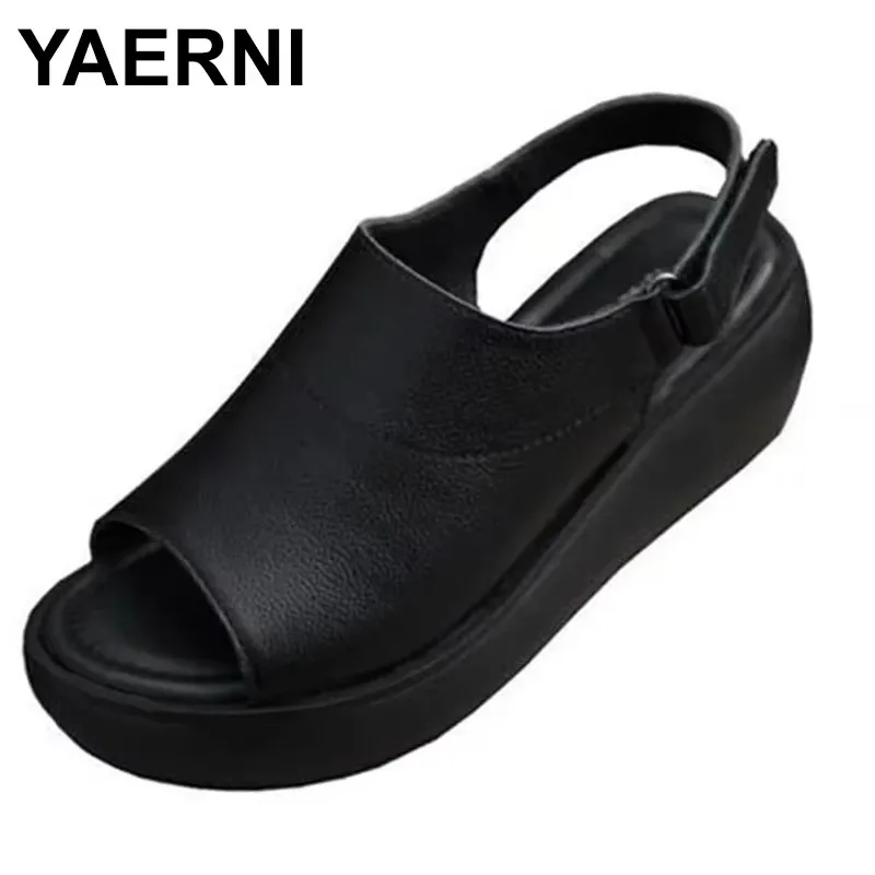 

2025 Woman Fashion Sandals Leather High Heel Wedge Female Outdoor Beach Sandals Sponge Cake Open Toe Thick Sole Shoes