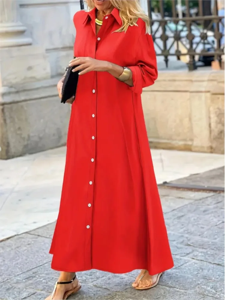 Mooie herfst nieuwe dames shirtjurk persoonlijkheid effen kleur losse grote casual temperament woon-werkverkeer onregelmatige lange rok