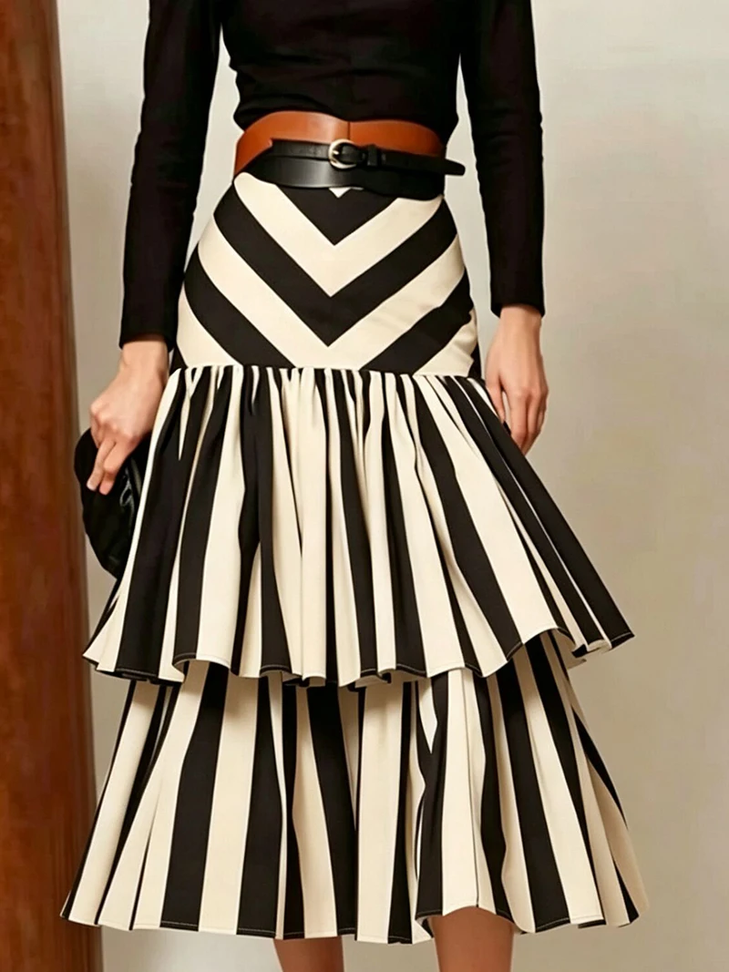 Elegant Temperament Party Women's Skirt Contrast Striped High Waist Commuting Long Skirt Double Layered Pleats Design Slim Skirt