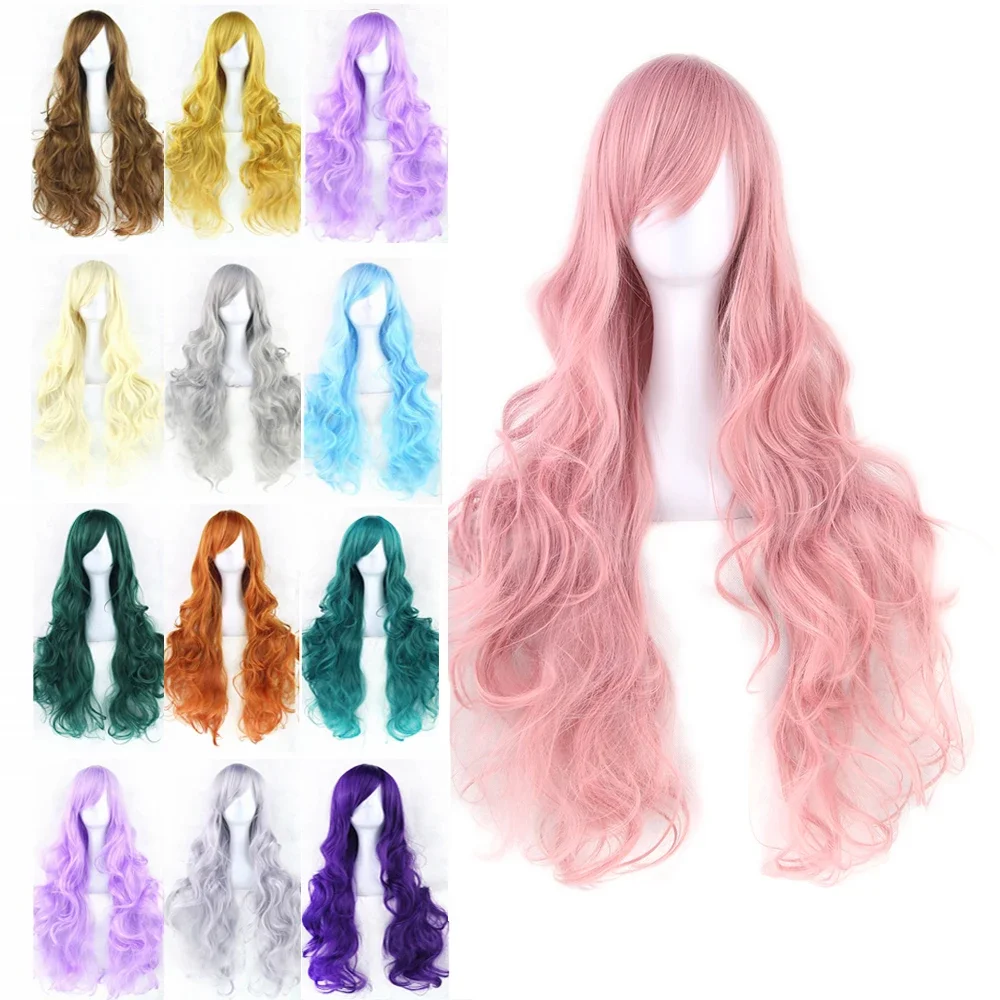 Soowee 80cm Long Synthetic Hair Wig for Women Heat Resistant Fiber Hairpiece Pink Gray Straight Cosplay Wigs