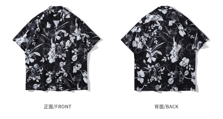 Vintage Floral Black Short Sleeved Shirt Men Trendy Brand Street Loose Casual Tops for Summer