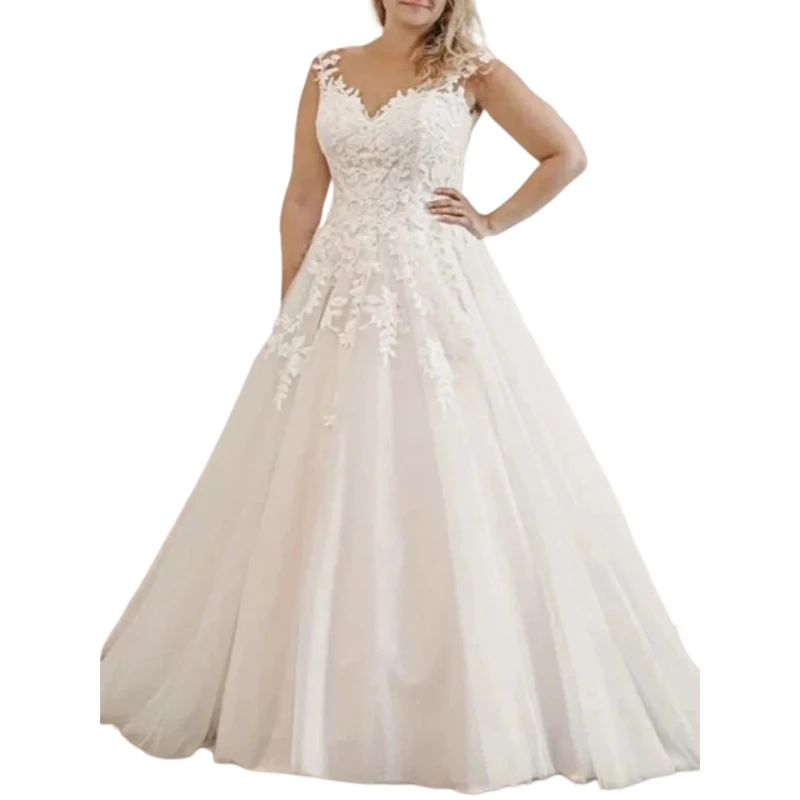 Abito da sposa taglie forti Cinghie A-Line Tulle avorio Abiti da sposa lunghi Applicazioni in pizzo Abiti da sposa personalizzati