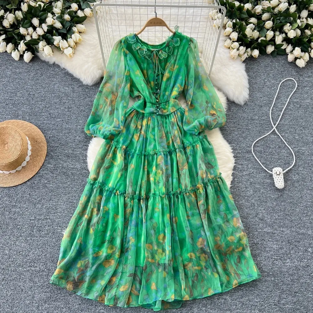 Vintage Elegant V Neck Lace-up Lantern Long Sleeve Print Chiffon Sweet Dress Women French Basics Fashion Summer Spring Dresses