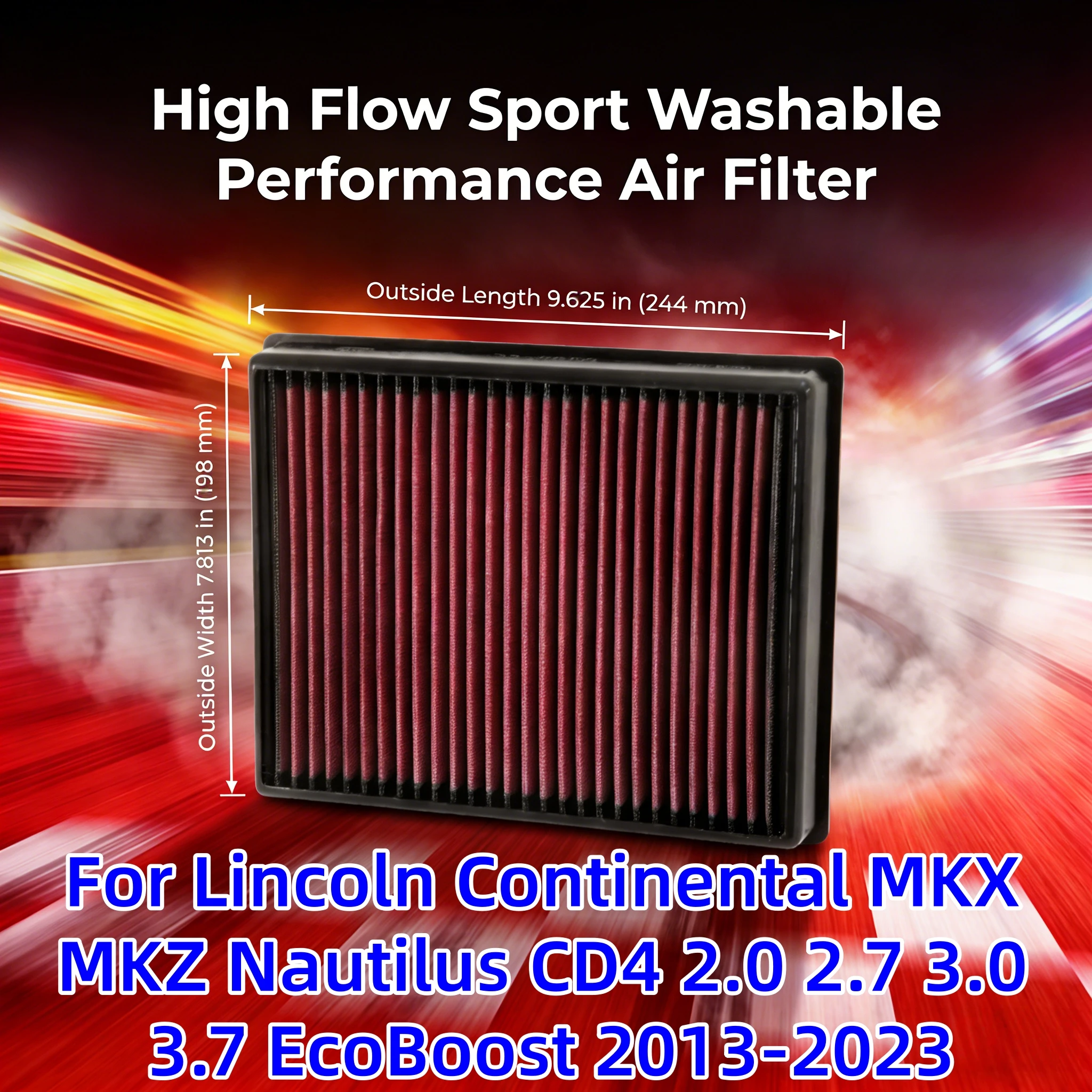 

Для Lincoln Continental MKX MKZ Nautilus CD4 2.0 2.7 3.0 3.7 EcoBoost 2013-2023: Высокопроизводительный спортивный моющийся воздушный фильтр с увеличенным потоком