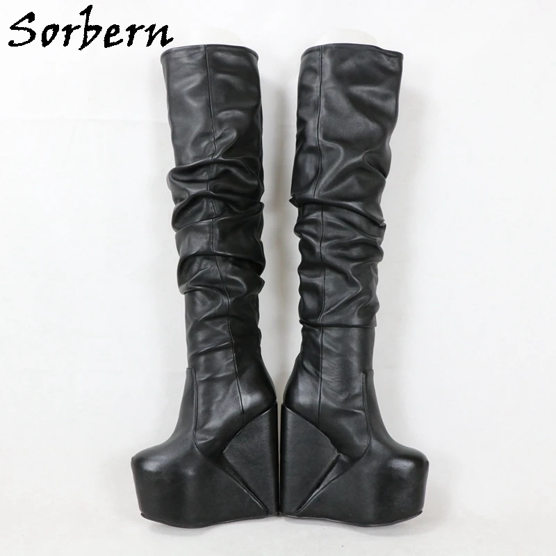 Sorbern Black Folded Knee High Boots Women 16Cm High Heel Wedges Invisible Platform Plush Lining Over The Knee Mid Thigh High