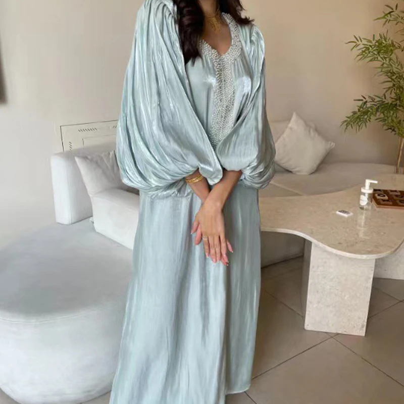 العرقية خمر الترتر الحرير مساء اللباس المرأة الربيع طاقم الرقبة المرقعة بوهو فستان طويل الخريف فانوس كم فضفاض ماكسي اللباس #3