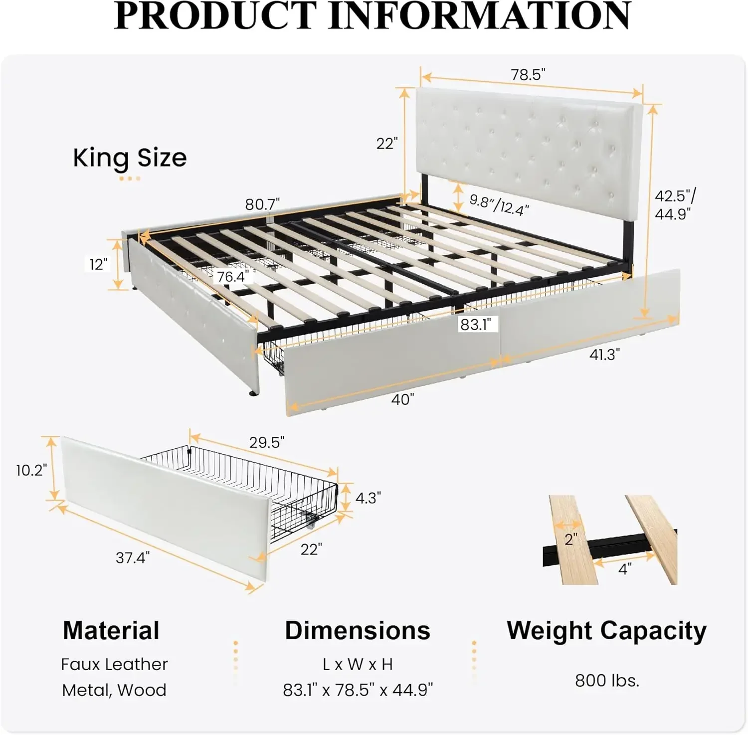 Platform Storage Bed Frame with 4 Drawers, Adjustable Headboard with Faux Leather Diamond Button Tufted Design