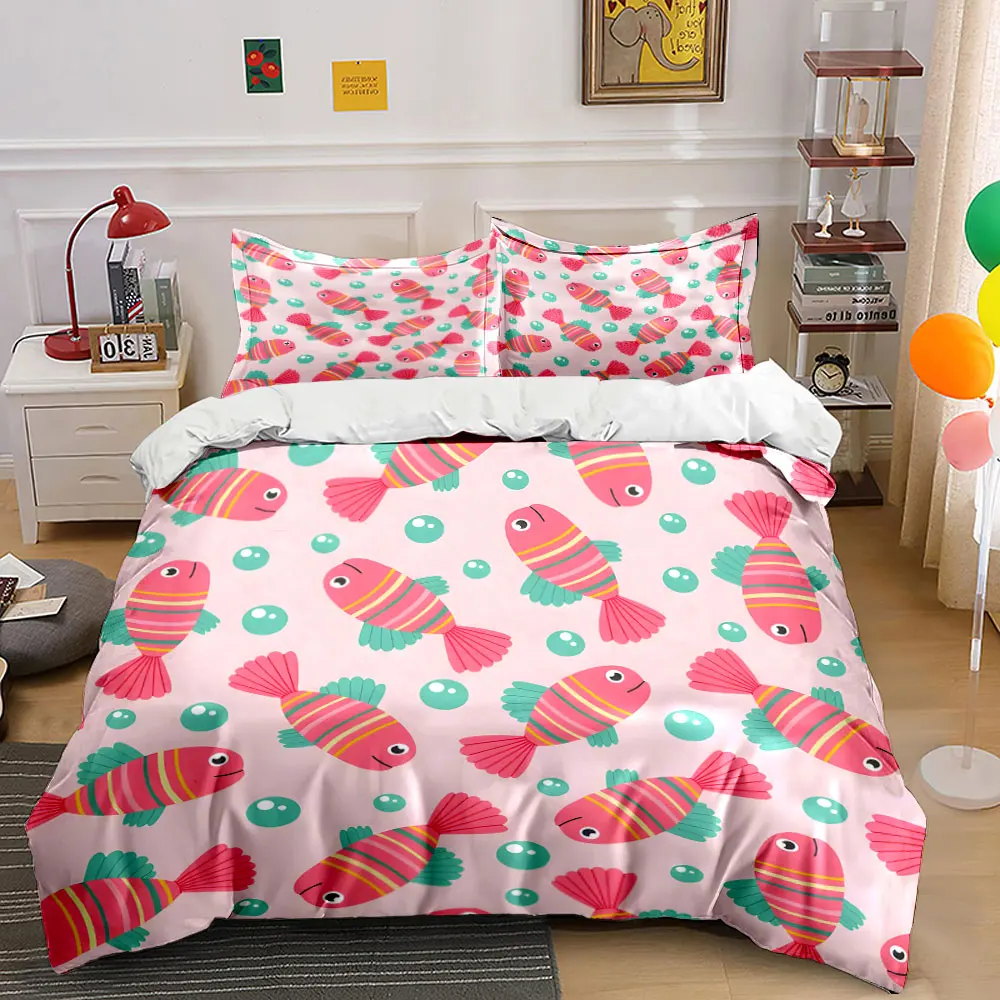 Colorful striped cartoon fish with bubbles Print Soft Comfortable Duvet Cover Bedding Set Included 1*Duvet Cover 2*Pillowcases