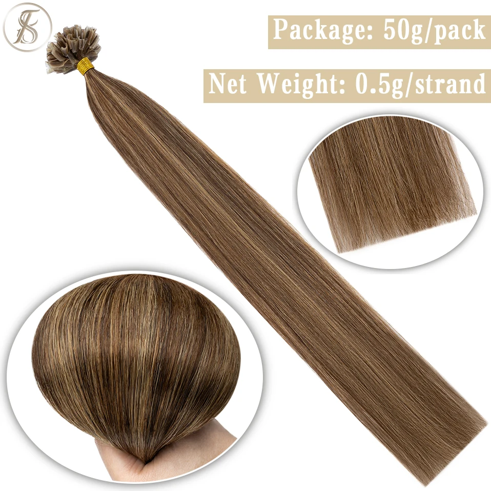 TESS 100pcs U Tip Human Hair Extensions 0.5g Microlink Keratin Fusion Capsule Pre-bonded Brown Blonde Natural Hair Extensions