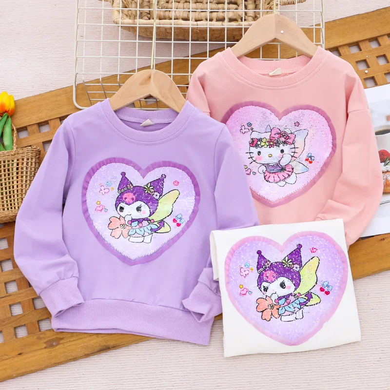 

Kuromi Anime Kawaii Sanrio Ins Children Long Sleeve Shirt Cute Cartoon Ins Hello Kitty Hoodie Round Neck Clothing Gifts for Kids