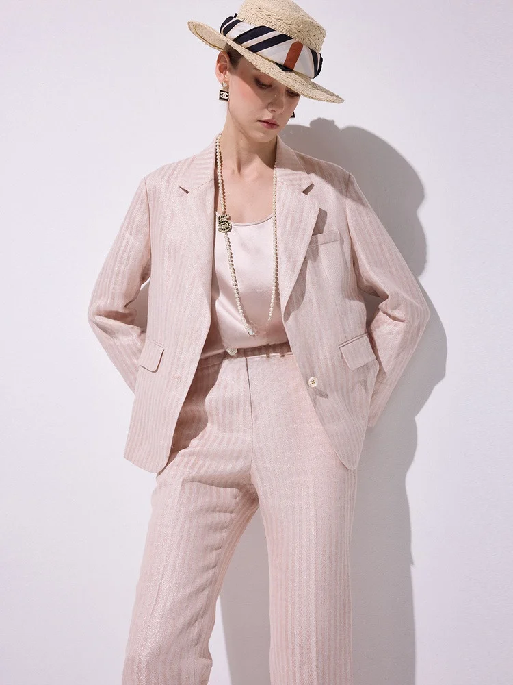 Blazer de Lino Blanini con Detalles Dorados y Plateados, Traje Rosa a Cuadros, Ropa Exterior Informal para Mujer, Estilo Casual para el Trabajo, Manga Larga