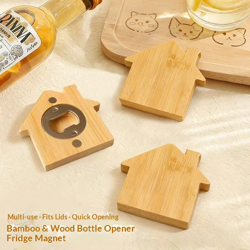 1/5Pcs Bamboo Blank DIY House Shaped Bottle Opener Bar Household Barware Tool Wedding Favors Bottle Opener for Guests