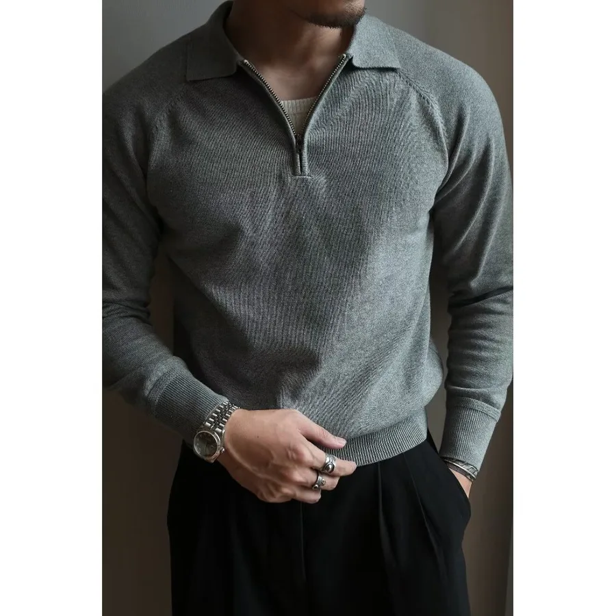 Autumn/Winter Gentleman Men's Half-height Zipper Knit Long-sleeved Polo Shirt Sweater Men Retro Business Casual Commuter T-shirt