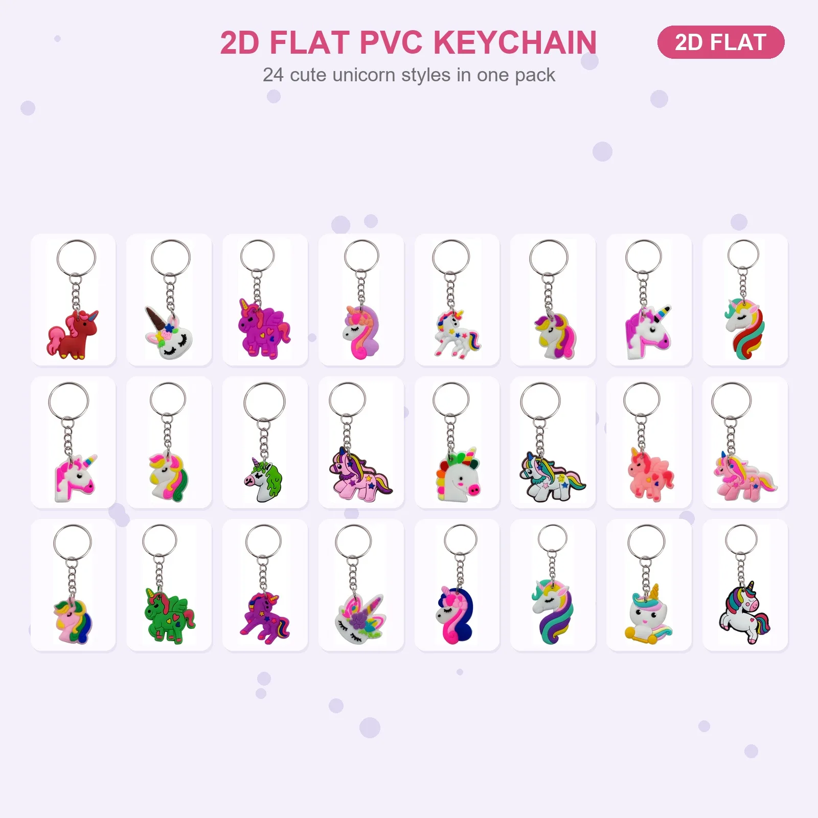 24 Pcs Unicorn Keychain Set, 2D Flat Soft PVC Bag Charms, Purse Pendant Decor, Cute and Lightweight