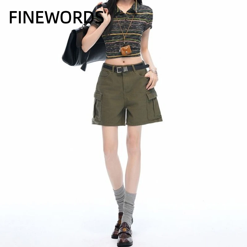 FINEWORDS Women's Army Green High Waist Cargo Shorts Loose Fit Multi-Pocket Casual Denim Shorts Streetwear Summer  Beach Shorts