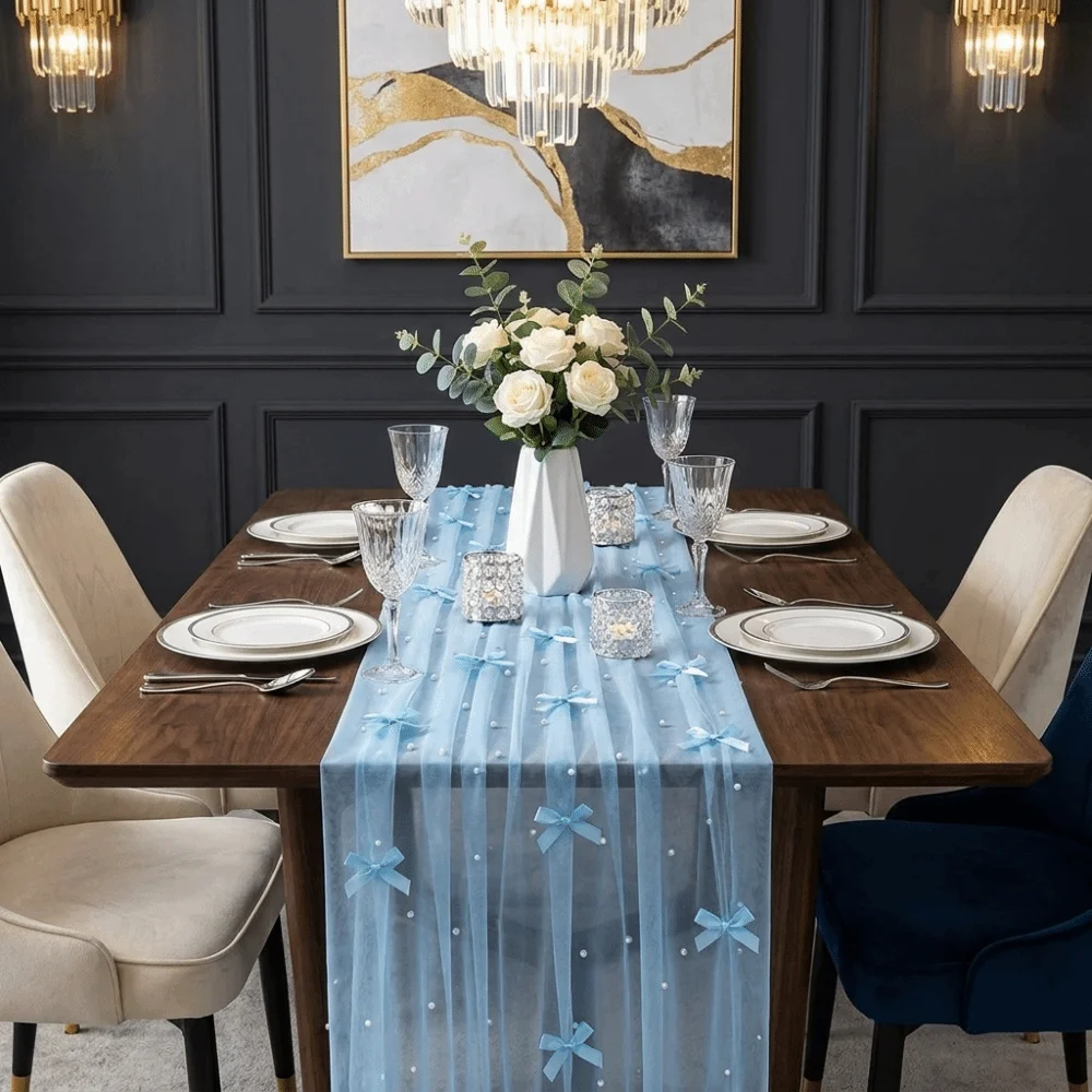 Romantic Bow Pearl Chiffon Runner Luxury Semi-Transparent Tulle Table Runner Decorative Polyester Pearl Table Runner Wedding