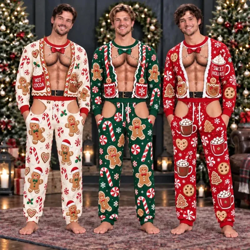 Men Boys Christmas 2Pcs Pajama Set Funny Gingerbread Man Fake Cardigan Print Top+ Fake Hollow Out Sleep Pants Party Photo Outfit