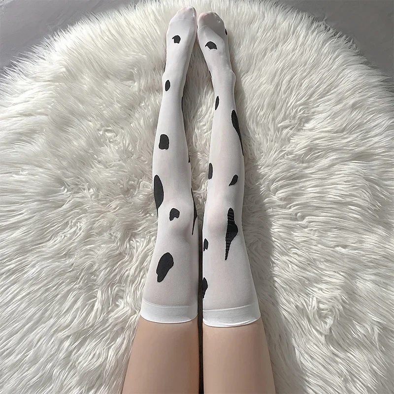 Medias blancas con estampado de vaca para mujer, calcetines hasta la rodilla para chicas JK, medias altas hasta el muslo, calcetines bonitos hasta el muslo de Lolita Kawaii, medias para mujer