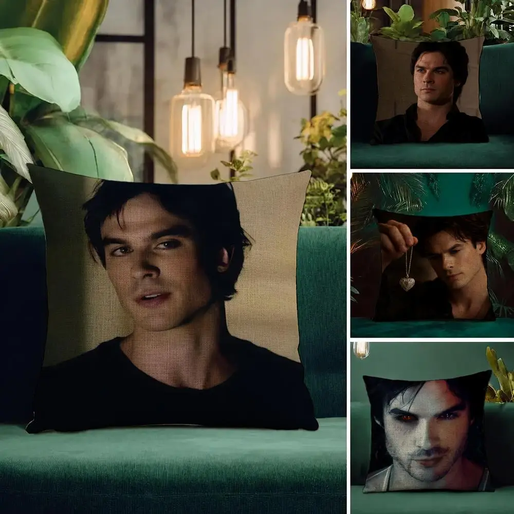 Character Damon Salvatore Cushion Cover Natural Linen Pillowcase Set All-in-One Decor Cushion Cover for Sofa Bedroom Chair