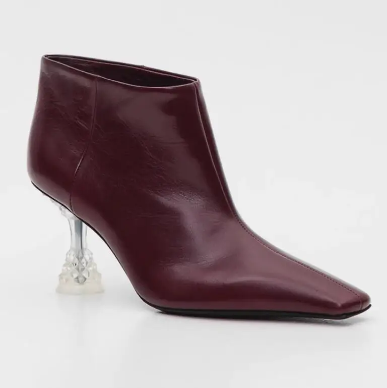 Spring Winter Transparent Carve Cup Heels Square Toe Ankle Boots Women Burgundy White Leather Street Fashion Short Boots Shoes