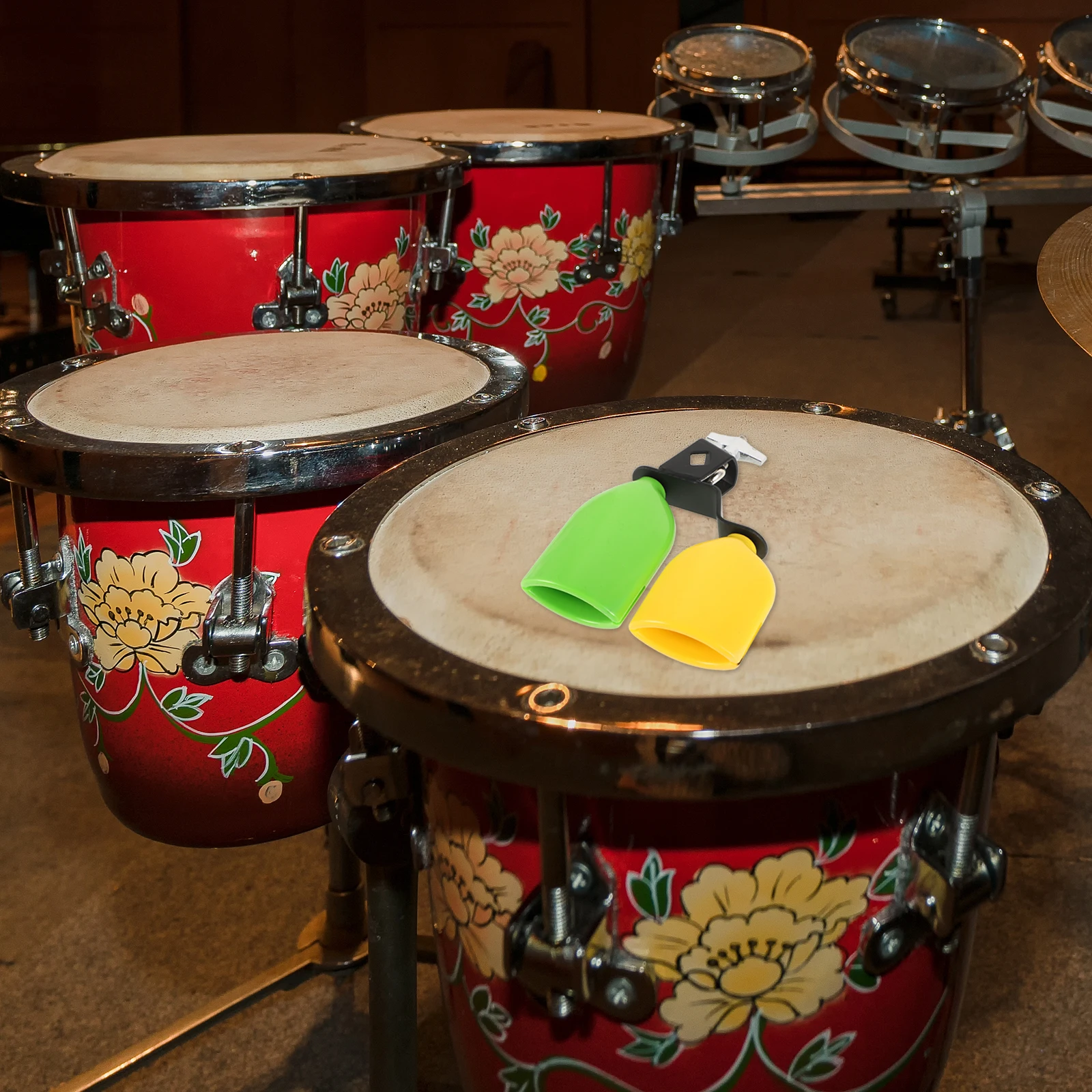 

Plastic Cowbells Double Mounted Bell Drum Percussion Instruments Tones Green Yellow Wood Fish Design Kids