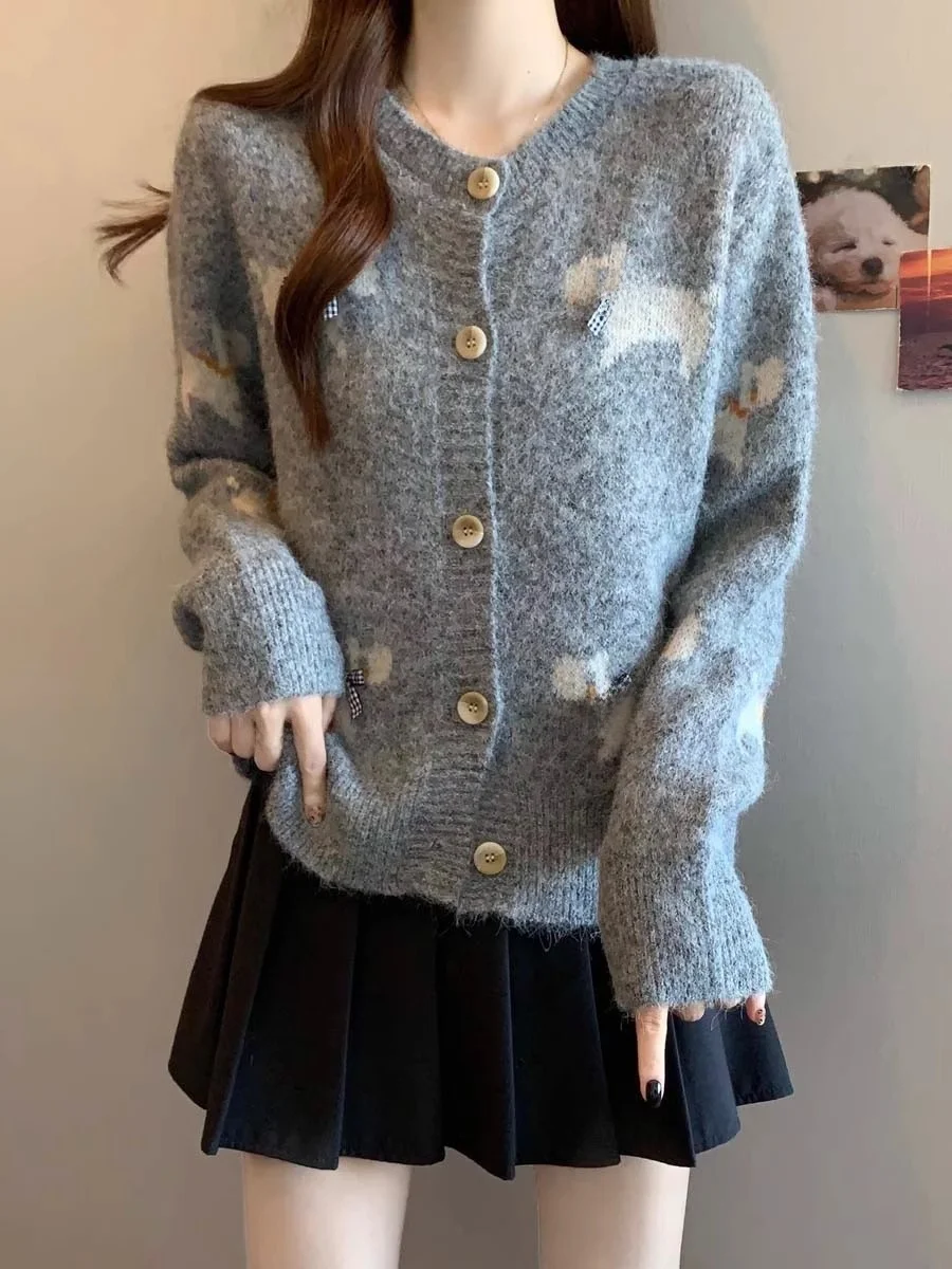 

Женский вязаный кардиган больших размеров, мягкий пушистый теплый свитер с рисунком собаки и открытой передней частью, осенне-зимний свитер, прикрывающий живот