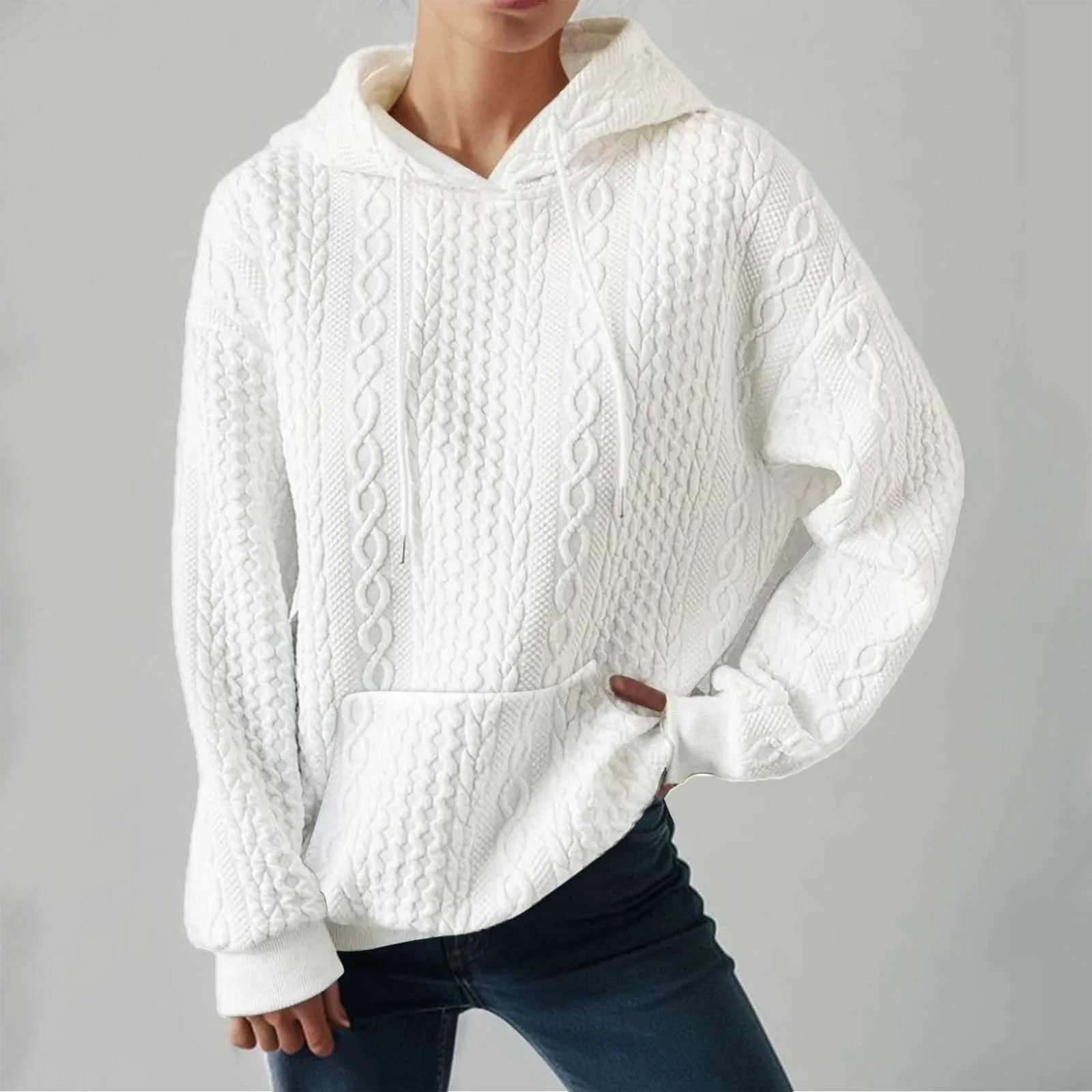 Weiblich lässig einfarbig Büro Top Sweatshirt Pullover Herbst Frauen Langarm Jacquard Muster gestrickt Pullover Hoodie