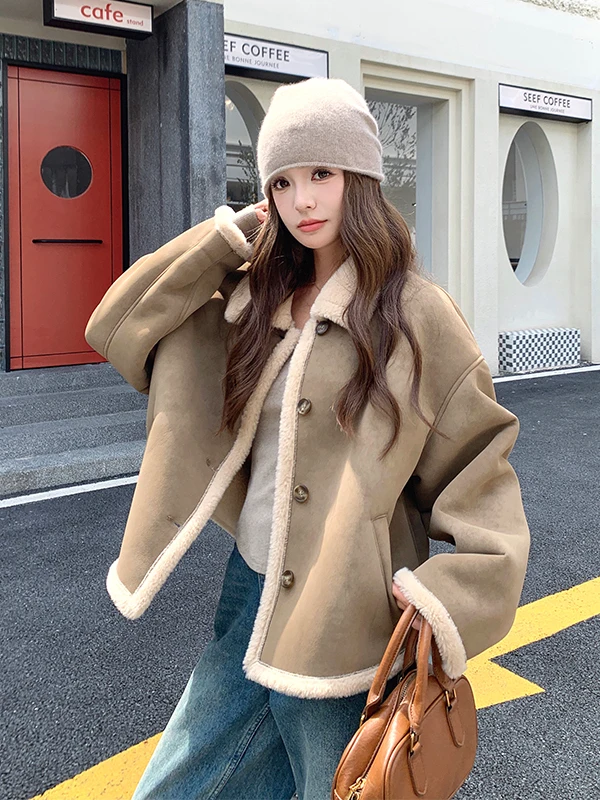 

Lamb Fur Lined Thiened ort Coat Women's Autumn Winter New Warm Deer Skin Velvet Cotton Jaet Commute Sle Loose Fit