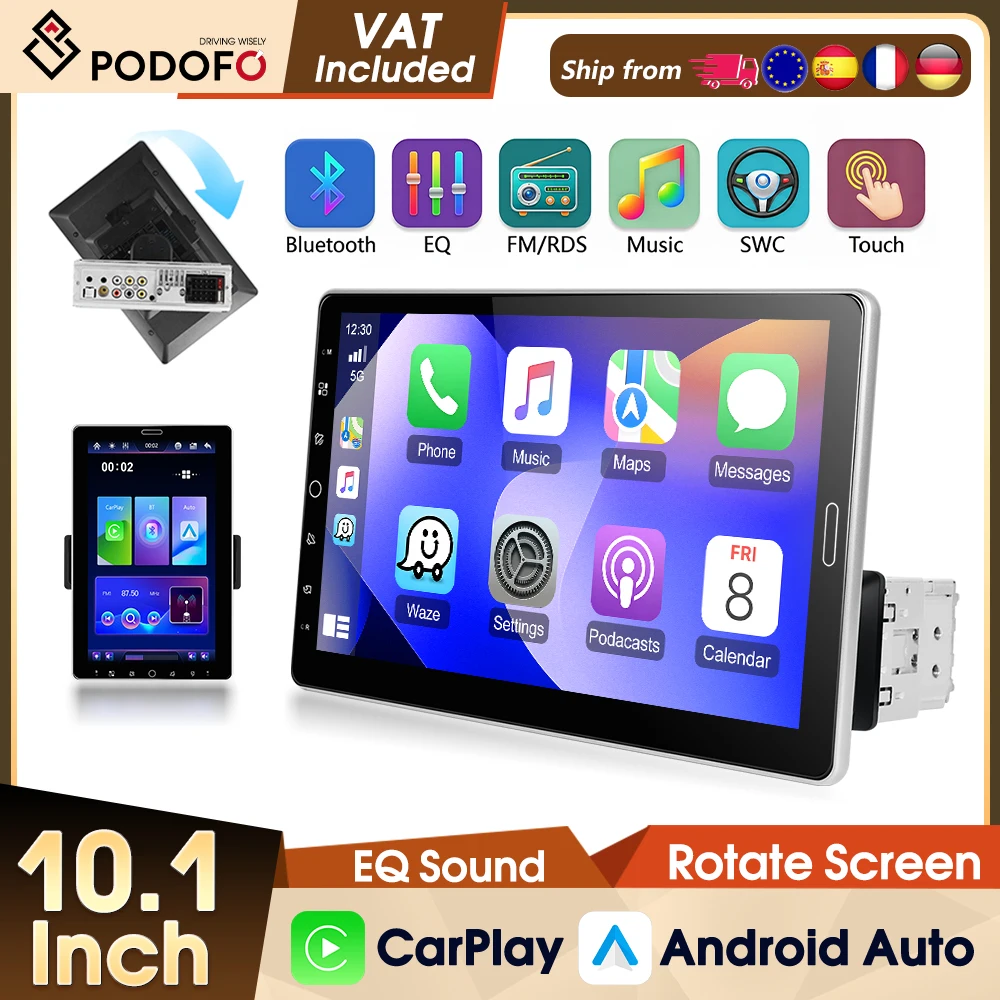 Podofo 10,1-Zoll-Auto-MP5-Player, universeller Multimedia-Videoplayer, 1-DIN, FM, RDS, AM, EQ, Carplay, Android Auto, Mirror Link, Autoradio, Stereo