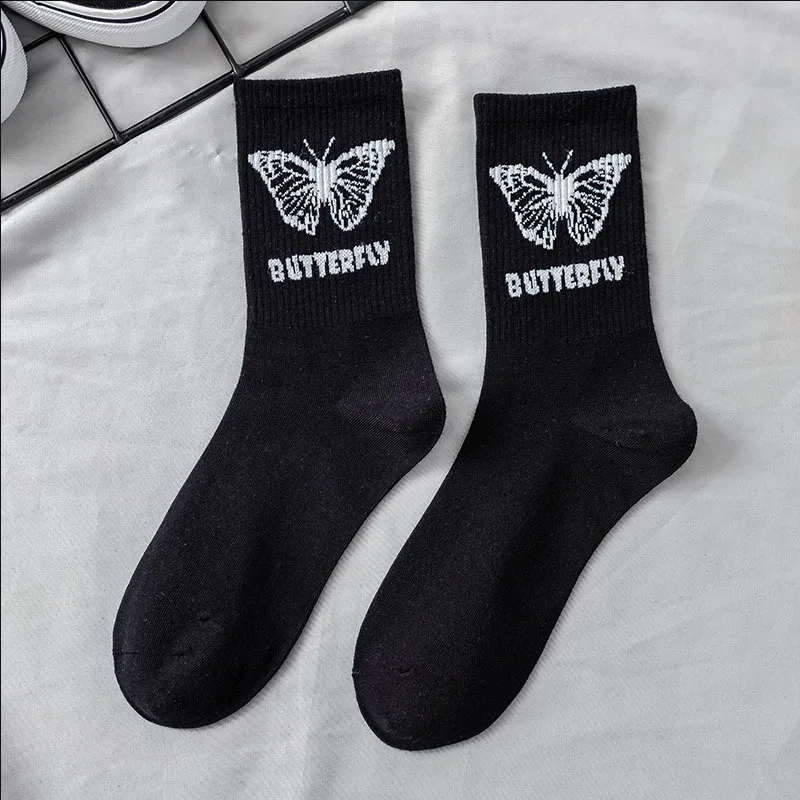 3 Pairs Butterfly Women\'s Socks Mid Tube Sockken Spring Autumn Street Trend Sports Black White Stacked Socks for Girls