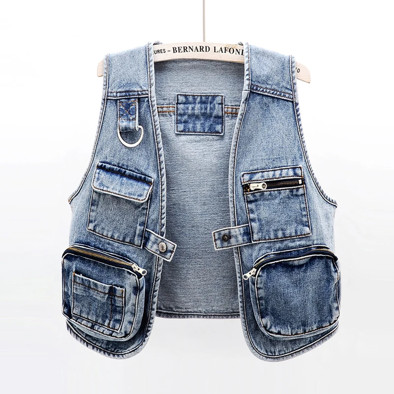 Summer New Korean Fashion Big Pocket Short Denim Vest Women Casual Washed Blue Waistcoat Sleeveless Jacket Jeans Vests Female