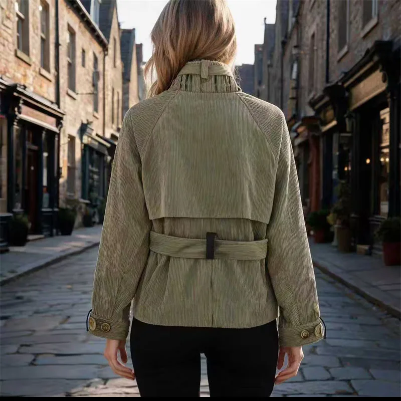 Women's Vintage Corduroy Multi-Functional Jacket, Stand Collar, Belt Design, Color-Blocked Pockets, Fall and Winter Outfit