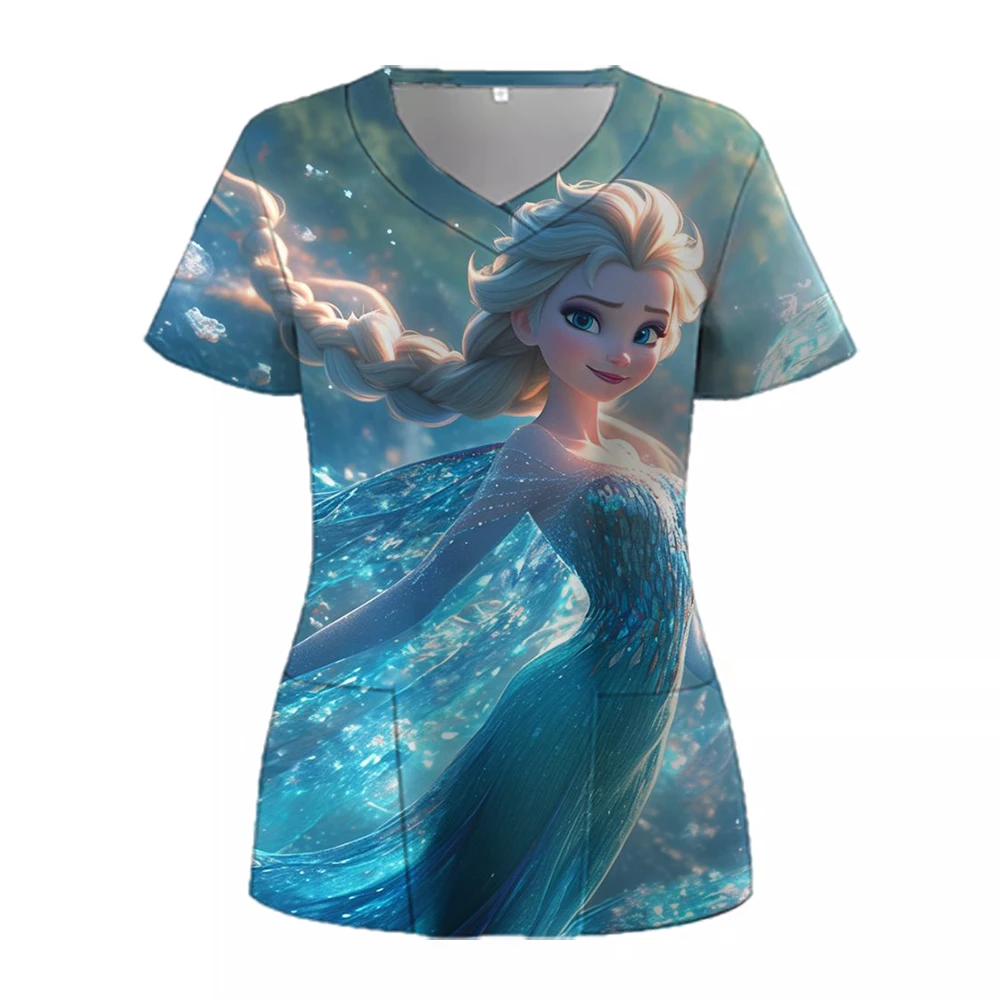 Disney Princess Print Nurse Uniform Dental Clinic V-neck Surgical Gown Snow White Pet Hospital Work Clothes women's short-sleeve