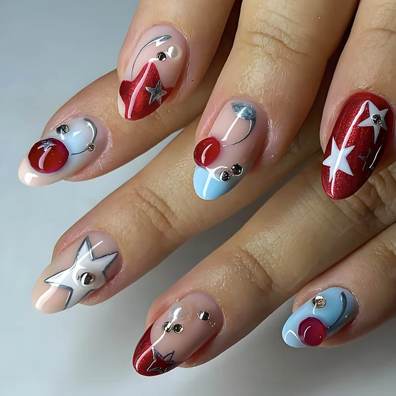 

24PCS Dopamine Press on Nails European American Hot Girls Y2K Style Nails Cherry Star Sparkling Diamond Blue French Fake Nails