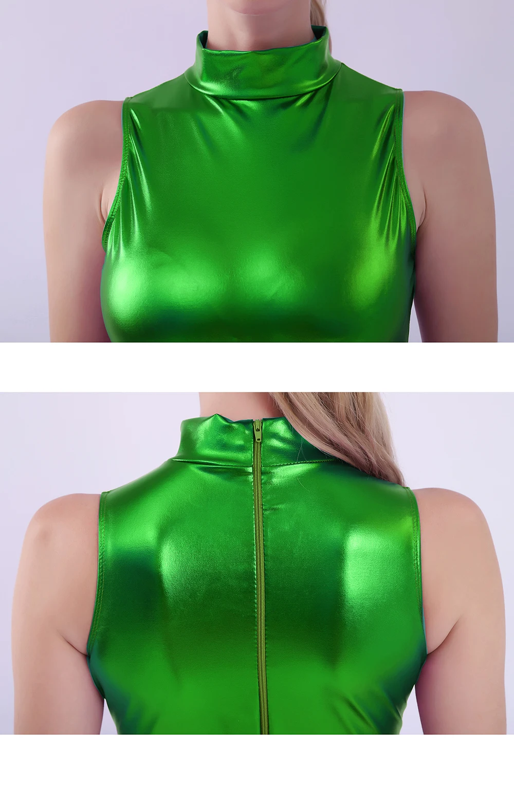 Aoylisey justaucorps métallique brillant pour femmes, col haut, sans manches, pour spectacle de danse, fermeture éclair au dos