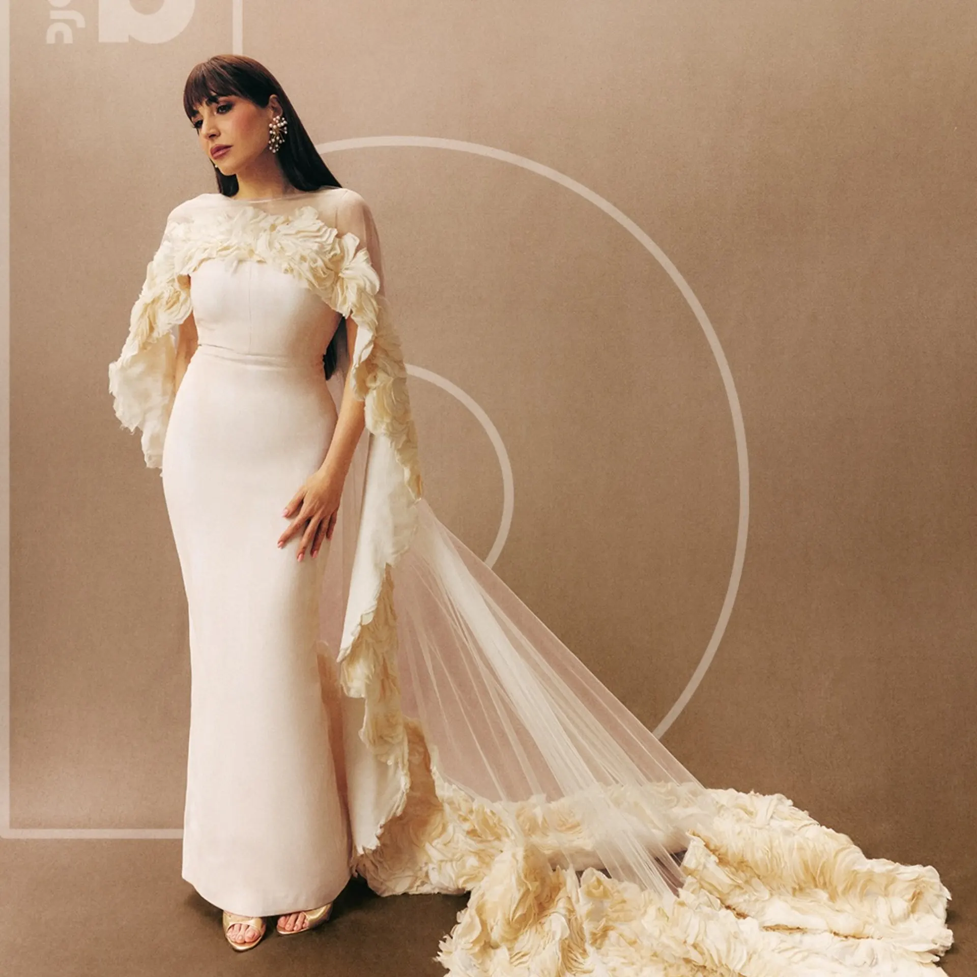 

Luxury Ivory Organza Wedding Cape Shawl With Long Ruffles Train Elegant Bridal Wrap for Bride Prom Formal Evening Party Overlay