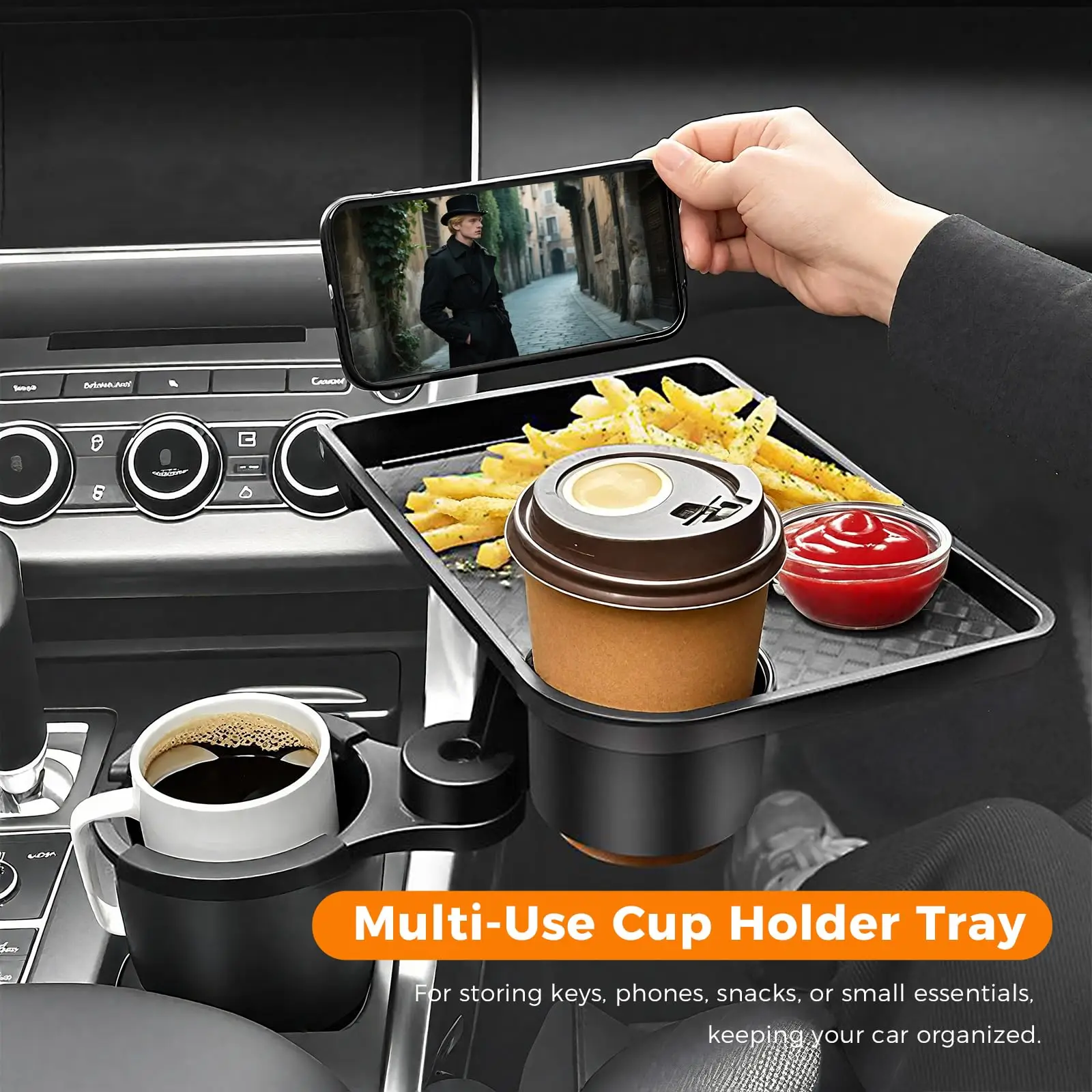

Car Water Cup Holder Multi-Functional Water Cup Beverage Stand Food Storage Tray 360-Degree Rotatable Storage Tray