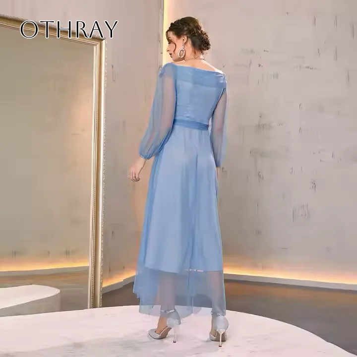 Organza V-neck A-line Tea Length Homecoming Dress Sash Long Sleeves Customized فساتين حفلة موسيقية