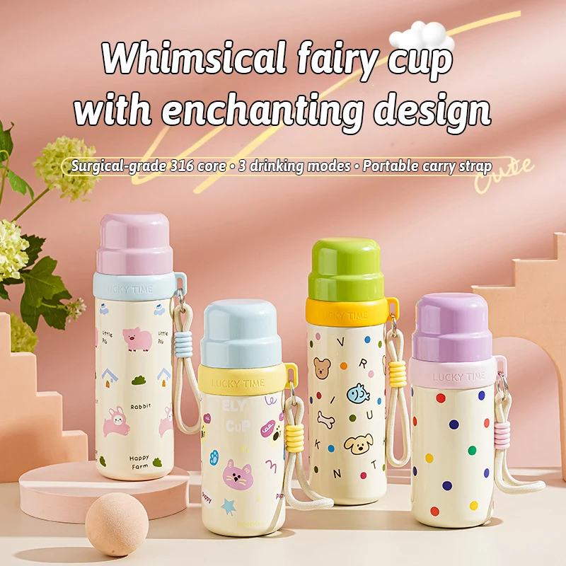 لطيف الكرتون SUS316 كوب حراري داخلي أوضاع شرب ثلاثية مانعة للتسرب مقبض محمول متعدد الطبقات العزل حواف ناعمة