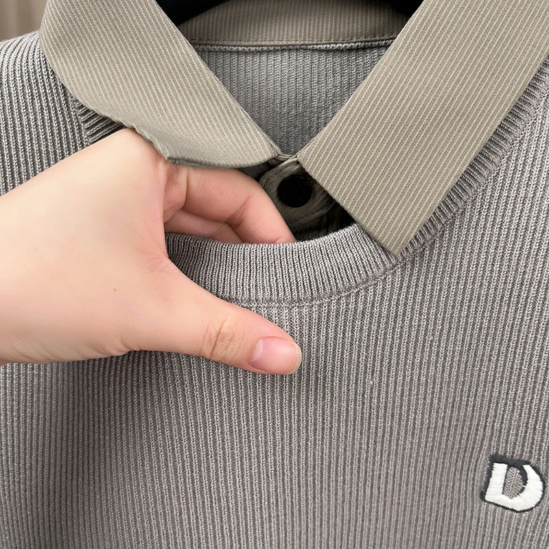 Men's Luxury Autumn Long Sleeves Fake Two-Piece Shirt Collar Embroidery Keep Warm Sweater Leisure Fashion Trend Versatile Tops
